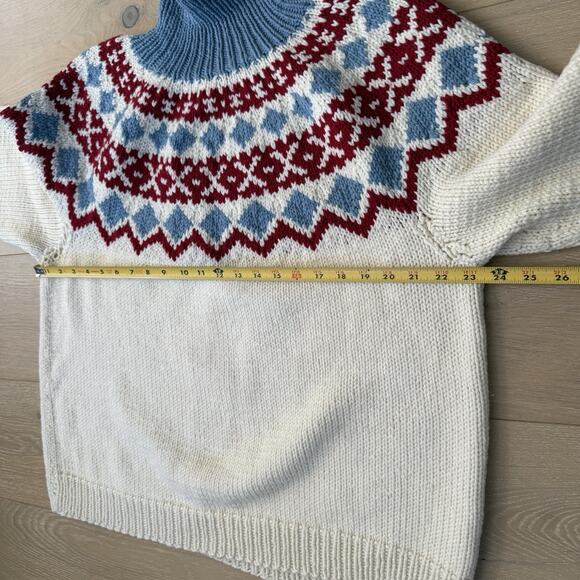 Vintage Icelandic Fair Isle Sweater Handmade White Blue Red Yolk L Non Wool - Picture 5 of 10